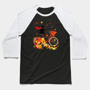 Black Cat Cycling Fall Maple Leaves Thanksgiving Baseball T-Shirt